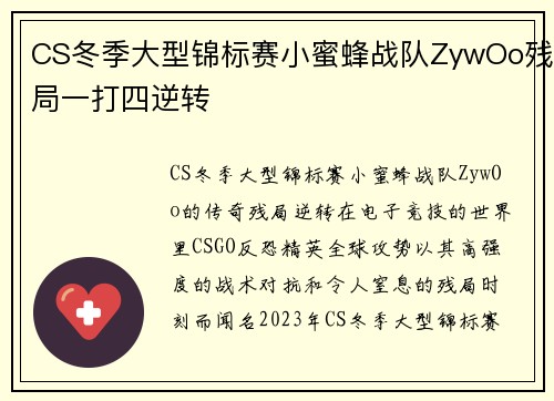 CS冬季大型锦标赛小蜜蜂战队ZywOo残局一打四逆转